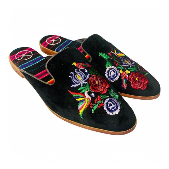 inkkas Shoes - New Inkkas Frida Slide Slip On Mules Shoes Black Floral Birds Embroidered WO's 8